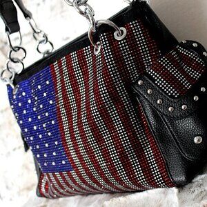 American Flag Red White Blue Rhinestone Bling Black Hobo Patriotic Handbag Bag